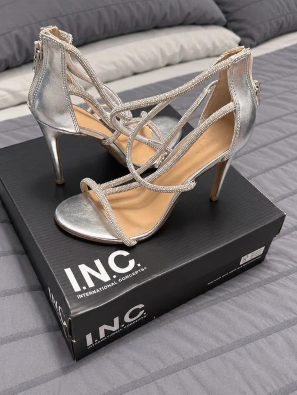 INC International Concepts Silver Metallic Rhinestone Strappy Stiletto Heels